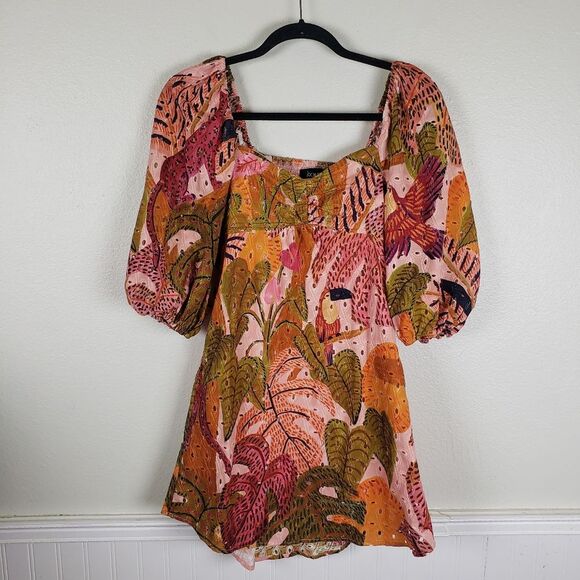 Kourt Robbie Multi Pink Palm Tucan Bird Cotton Smocked Mini Eyelet Dress SZ XS - Picture 1 of 14